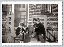 Vintage Photo 1951 Boy & Girl On Steps Of House With Their Loyal Family Dog picture