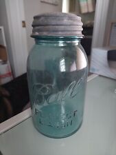 Ball Blue Glass Perfect Mason Canning Jar W/ a Ball Zinc Lid 1 qt. #8 picture