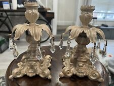 2 Vintage HW Regency Marked Brass Floral Candle Holders Missing 1 Clear Prism picture