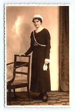 RPPC Young Woman Dark Dress Hair Cap Hat Shoes Studio Posed Fashion  Z169 picture