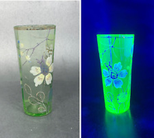 Green Depression Glass Hand Painted Floral Juice / Water Vintage UG UV Glow picture
