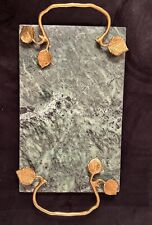Vintage Green Marble Brass Handle Cheese Serving Board Tray 12” picture