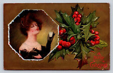 c1910  Elegant Woman Holds Tea Cup Christmas  P812 picture
