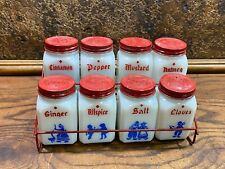 Vintage Early Kitchen White Milk Glass Spice Jar Set w Wire Holder / Set of 8 picture