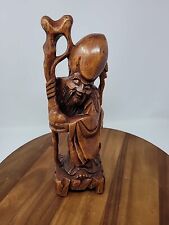 Vintage Antique Carved Wood Chinese Wise Old Man Statue Figurine & Bird picture