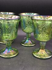 Vintage Indiana Carnival Glass Iridescent Green Harvest Grape 4 Goblet Wine EUC  picture