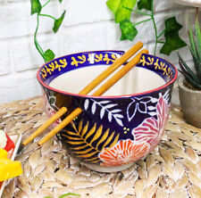 Ebros Pack Of 2 Leaves & Flowers Ramen Noodles Soup Bowl W/ Bamboo Chopsticks picture
