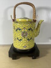 Antique Mun Shou Wan Yellow Longevity Teapot Large Double Rattan Handle picture