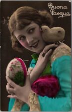 c1910s Italian EASTER Photo RPPC Postcard Pretty Girl Chick & Egg 