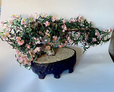 Vtg Large Chinese Jade Stone Glass Bonsai Tree Colorf Pink Yellow Green Orig Pot picture