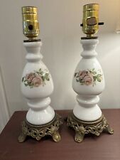 VINTAGE PAIR WHITE GLASS Metal Footed Rose  Boudoir DRESSER LAMPS WORKING picture