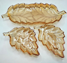 Double Leaf Peach Carnival Glass Nut Dish with Two Side Dishes Beautiful Set picture