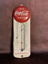 Original 50s Coca Cola Deco Button Soda Painted Metal Thermometer Sign Pilaster picture
