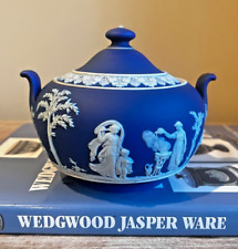 Antique Wedgwood Cobalt Blue Dip Jasperware Sugar Dish & Lid picture