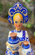 Vintage Hand Carved Wood Blue Gold Cream Matryoshka Figurine SIGNED Russia 6