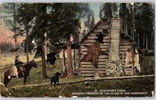 C1910 Postcard Hunters Log Cabin Furs Skins Trophies Bears Horseback Deer Gun picture