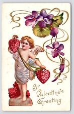 c1910 Angel Cupid~Forget Me Not Flowers~Hearts~Valentine~Antique Art Postcard picture