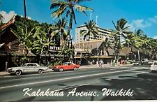 Waikiki Hawaii Main Street Scene Old Cars People Vintage Chrome Postcard c1960 picture