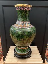 Chinese Enamel Cloisonne Flower Motif Brass Trim 16” Vase Green w/base picture