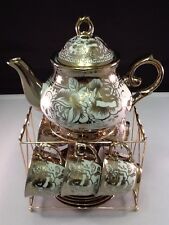20 pc Tea Set Pot 6 Cups 6 Saucers 6 spoons Rack Coffee Cup Gold 3 oz Cups  picture