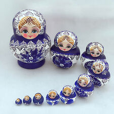10pcs Blue Dolls Set Wooden Russian Nesting Babushka Matryoshka Hand Painted picture
