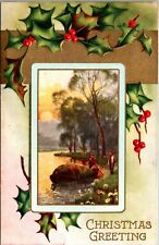 Christmas Greetings Embossed Holly Boat Full of ??? 1907-1915 Antique Postcard picture