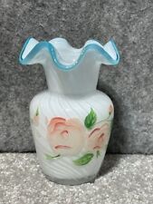 Vintage Fenton Vase Crest Swirl Hand Painted Roses Ruffled White Vase 6