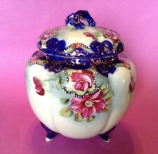 Footed Ginger Jar Or Tea Caddy - Cobalt Blue And Gold With Roses - Japan picture