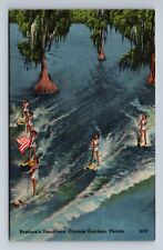 Neptune's Daughters Water Skiing Cypress Gardens Florida Linen Postcard B18 picture