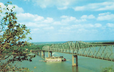 Hannibal MO, Mark Twain Memorial Bridge Steamboat Mississippi River Vtg Postcard picture