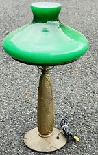 1920s American Arts & Crafts Gilt Metal Lamp. Emeralite Style Green Glass Shade. picture
