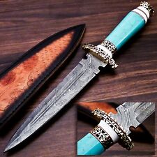 Damascus Steel Dagger Knife, Turquois Stone & Brass Handle, Best Gift For Men  picture