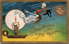 Postcard Best Wishes for All Halloween; Witch, Candle, Skull, Black Cat Cm picture