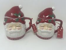 2 New LANG by Design Group Santa Claus 14 oz Ceramic Mug & Lid Hand Painted Red picture