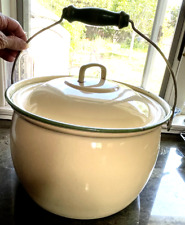 Vintage White Enamelware Green Trimmed Stock Pot With Lid larger w/Bale picture
