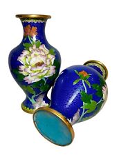 Vintage Pair Of 10” Royal Blue  Mirror Image Cloisonne Vases with Chrysanthemum picture