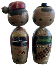 Kokeshi Shelf Nodder Bobblehead Carved Wood Dolls Pair (2) 6.5