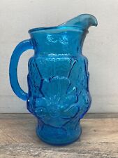 Large Pitcher Vase w/ Handle Floral Pattern Vintage Blue Glass picture