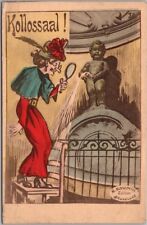 Vintage BRUSSELS Belgium MANNEKEN PIS Comic Postcard Old Lady / Magnifying Glass picture