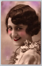 Vintage C1930 Tinted Deco Style Postcard French Lady with Bobbed Hair picture