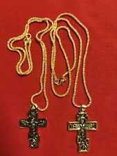 2 RUSSIAN ORTHODOX ICON CROSS Golden With CHAIN 24 inches picture