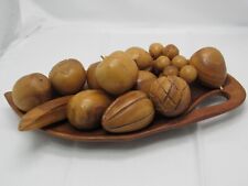 Vintage MCM Wood Fruit Bowl Tray w/ Monkey Pod Wooden Fruit Grapes Apple Pear picture