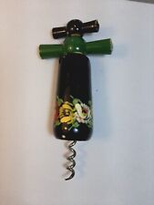 BEAUTIFUL Vintage Wooden Wine Corkscrew Hand Painted Flowers Floral Barware picture