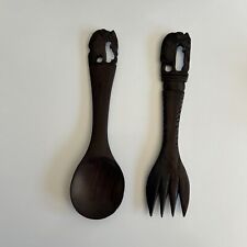 VTG Hand Carved Iron Wood Fork And Spoon Utensils 7.5” Wooden Salad Tossers ￼ picture