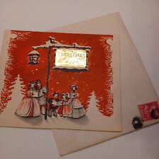 Vtg Foil Christmas Card  Red Background Carolers Lantern A SUNSHINE CARD 1940's picture
