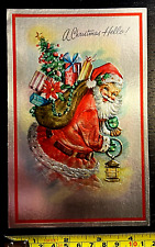 Vtg 60s Santa Delivering Presents Embossed Glossy Greeting Card MCM picture