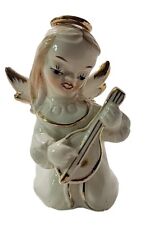 Vintage Angel Figurine Kneeling Mandolin Japan White Gold Kitschy Grannycore  picture