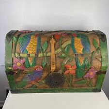 Hand Carved Wooden Folk Art Painted Mexican Trunk Chest Storage Box Vintage 30” picture