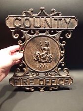 Antique Vintage Style Heavy Cast Iron County Fire Office Sign 1807 Fireman  picture