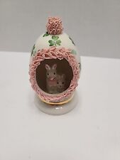 STUNNING MV DRESDEN Figurine PORCELAIN LACE Easter Egg w/2 Bunny Rabbits Ireland picture